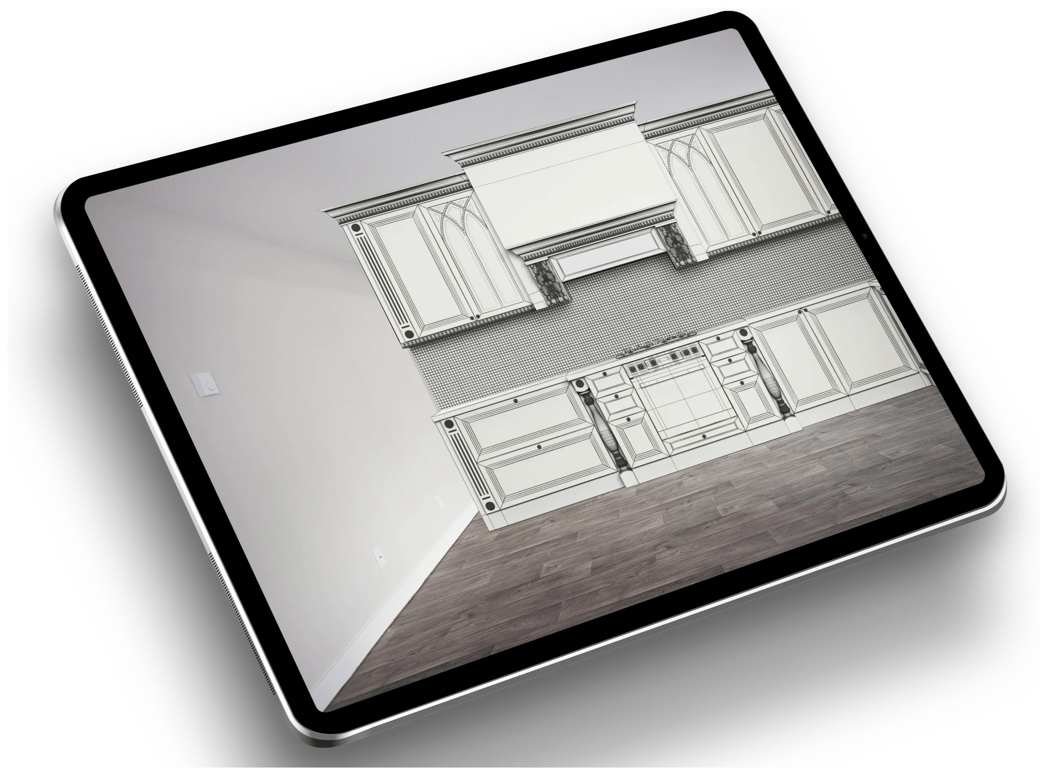 Tablet mockup showing kitchen units as an augmented-reality overlay in a room