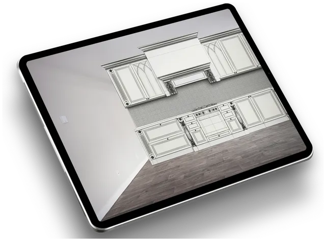 Tablet, das Küchenschränke als AR-Überlagerung in einem leeren Raum zeigt