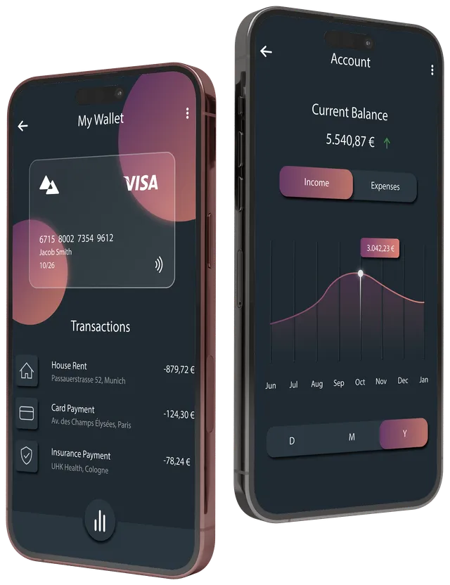 Zwei Smartphones mit einer Banking-App: Kreditkarte, Transaktionsliste und Kontostand-Diagramm