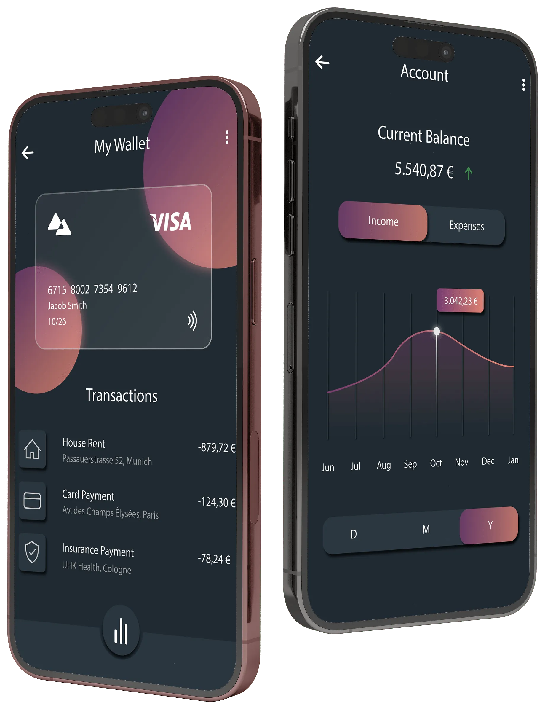 Two phone mockups with banking screens, cards and account charts