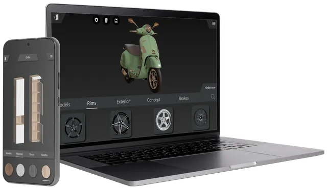Laptop und Smartphone mit einem 3D-Konfigurator für einen Motorroller und ein Möbelstück
