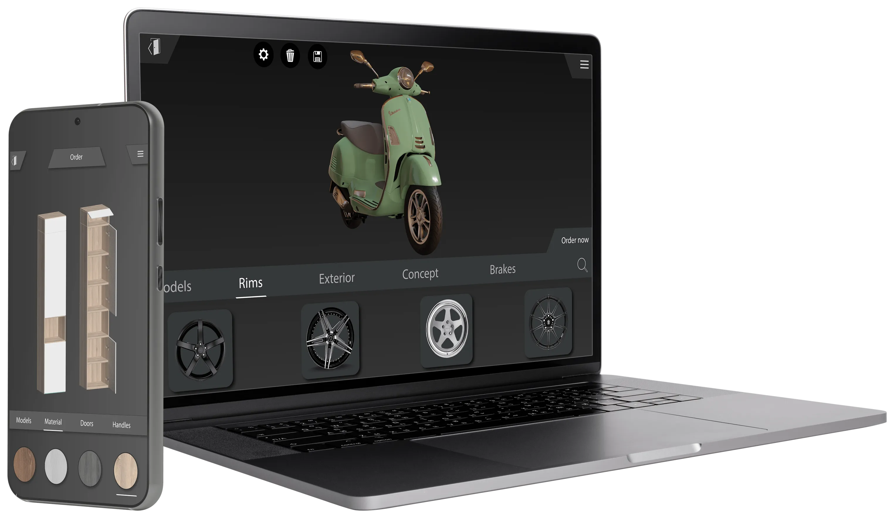 Laptop and phone mockups showing scooter and furniture configuration