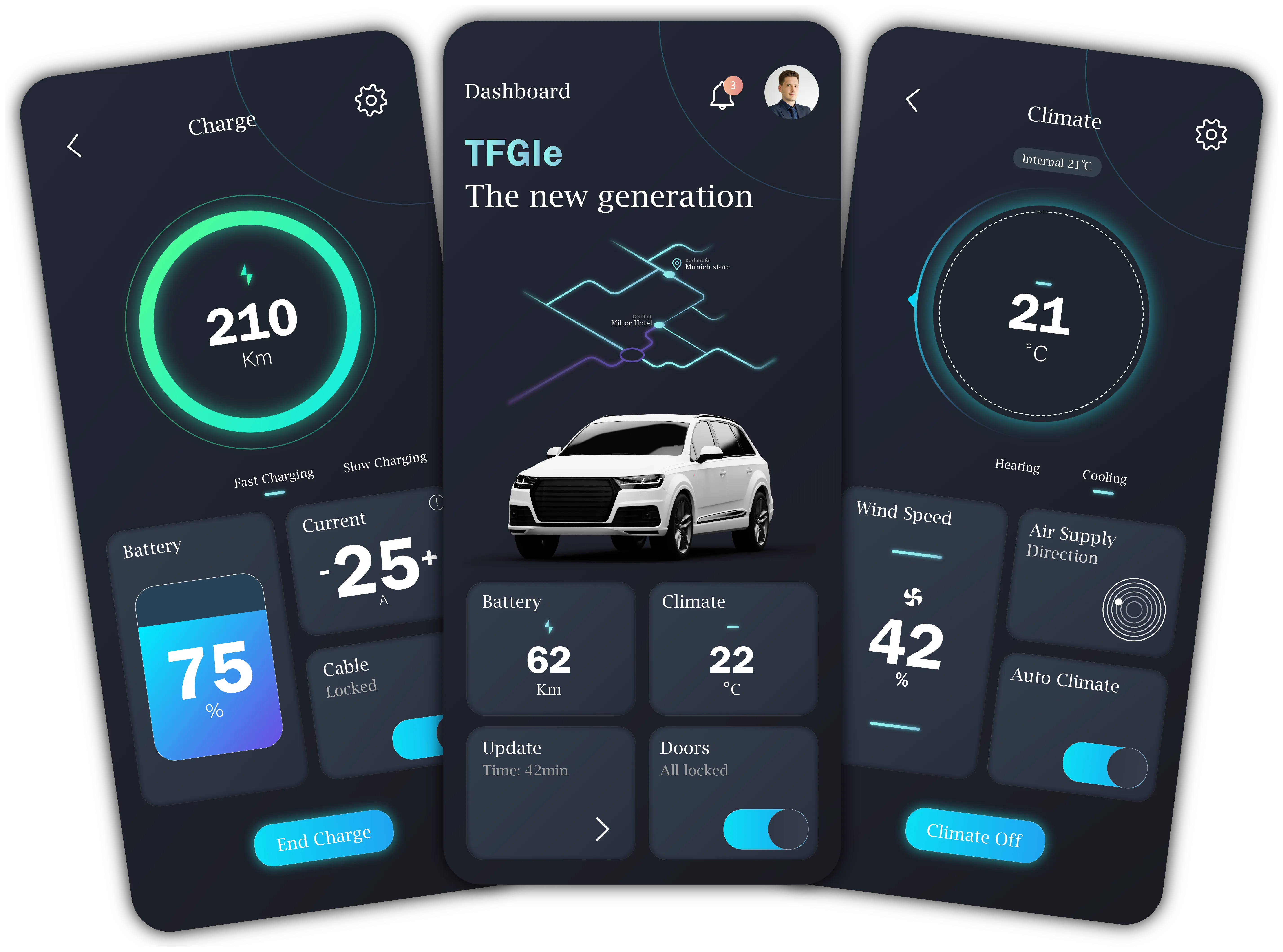 Drei Smartphone-Bildschirme einer Elektroauto-App mit Ladeanzeige, Fahrzeugübersicht und Klimasteuerung