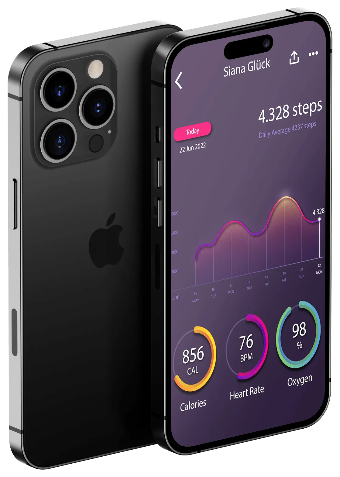 Two phone mockups with purple fitness dashboard screens