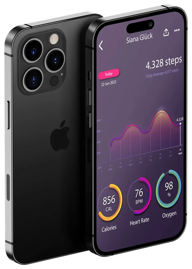 Zwei schwarze Smartphones mit einem violetten Fitness-Dashboard