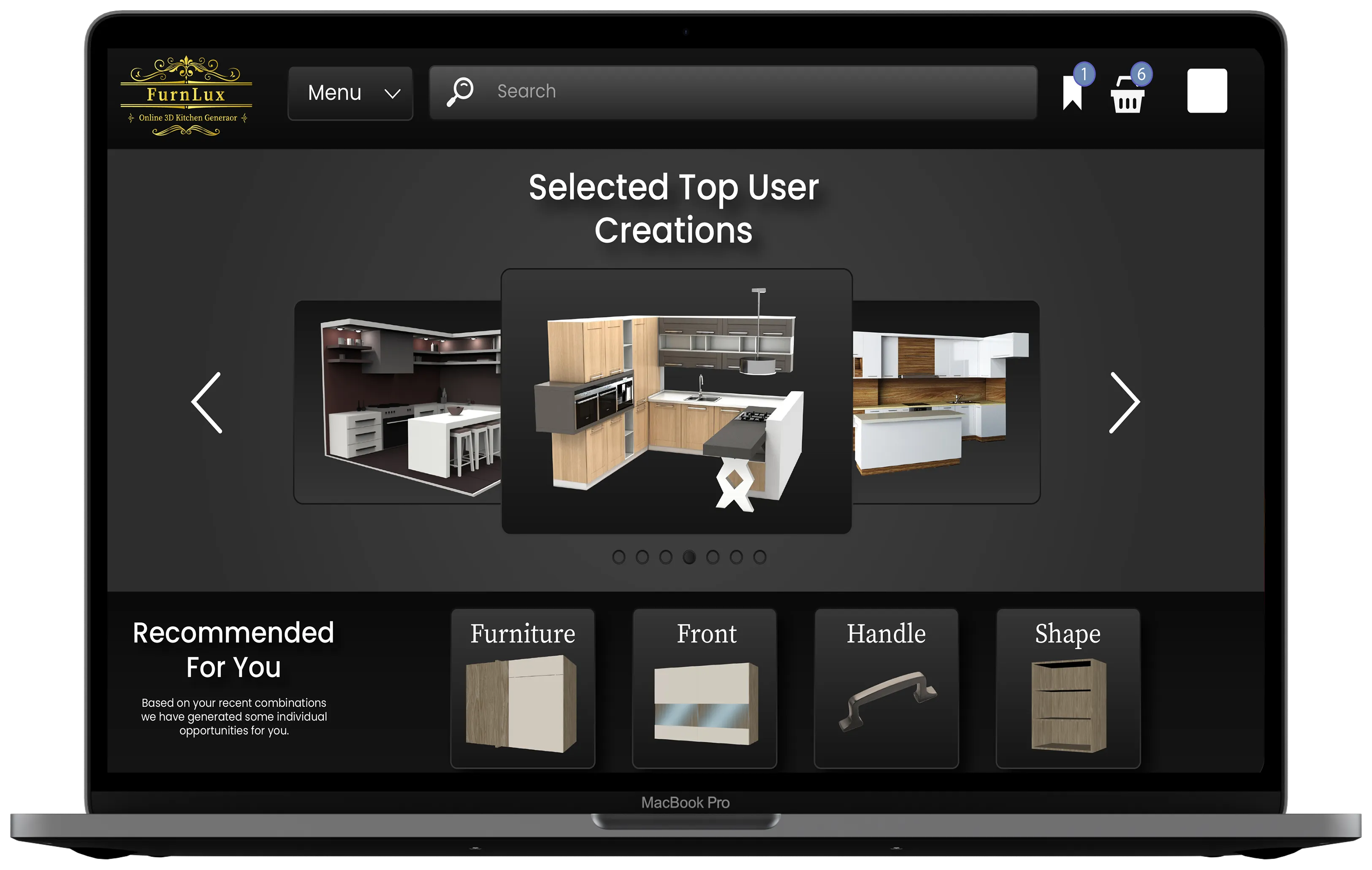 Laptop mockup with a dark kitchen shop and configuration options