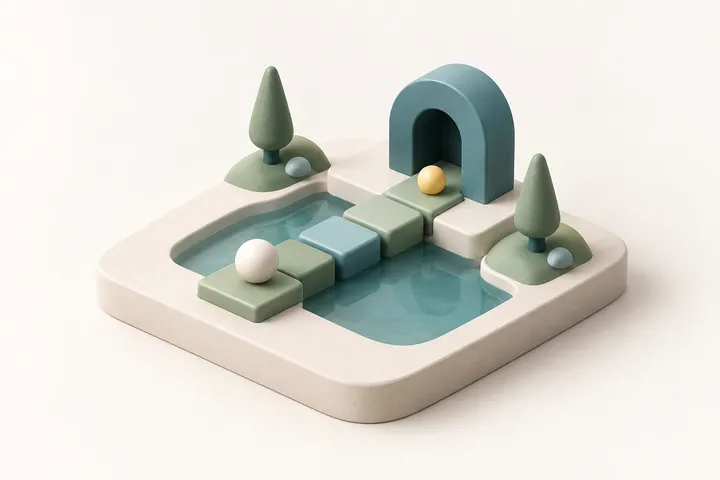 KI-Illustration einer kleinen Puzzle-Spielwelt mit Trittsteinen, Kugel und Torbogen