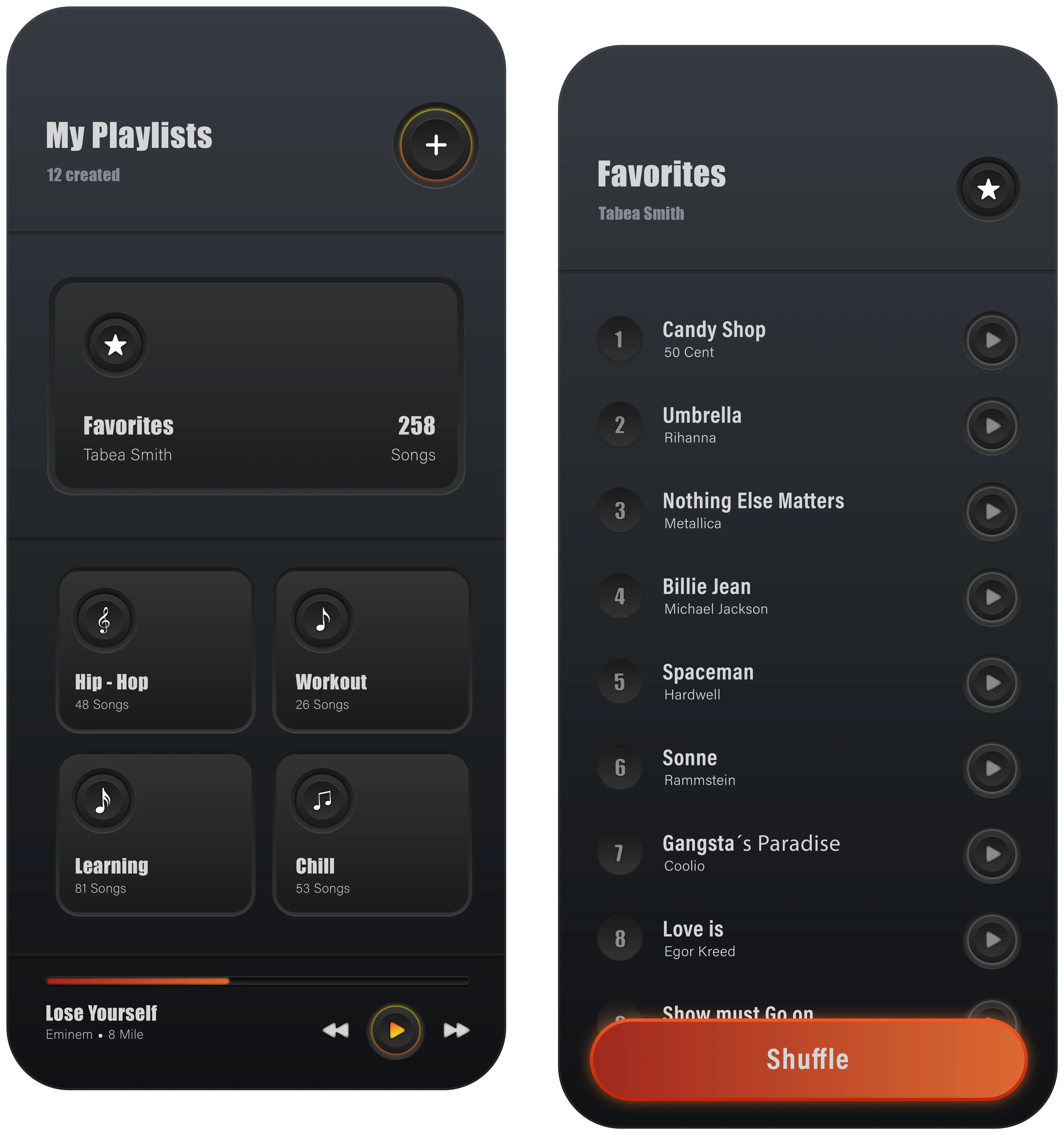 Zwei dunkle App-Bildschirme eines Musik-Players mit Playlists und Favoriten