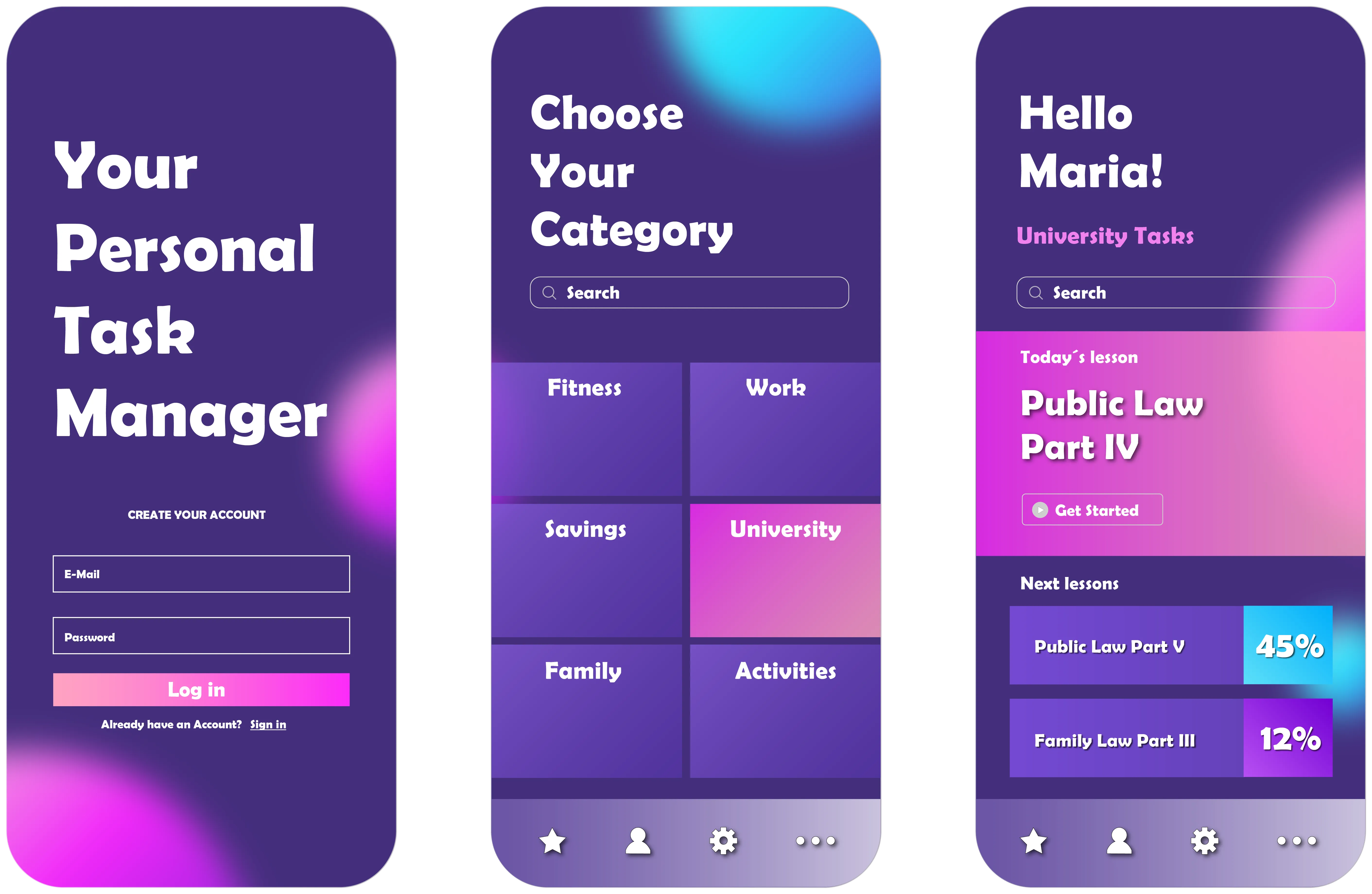 Drei violette App-Bildschirme eines Aufgabenplaners mit Kategorien und Lernfortschritt