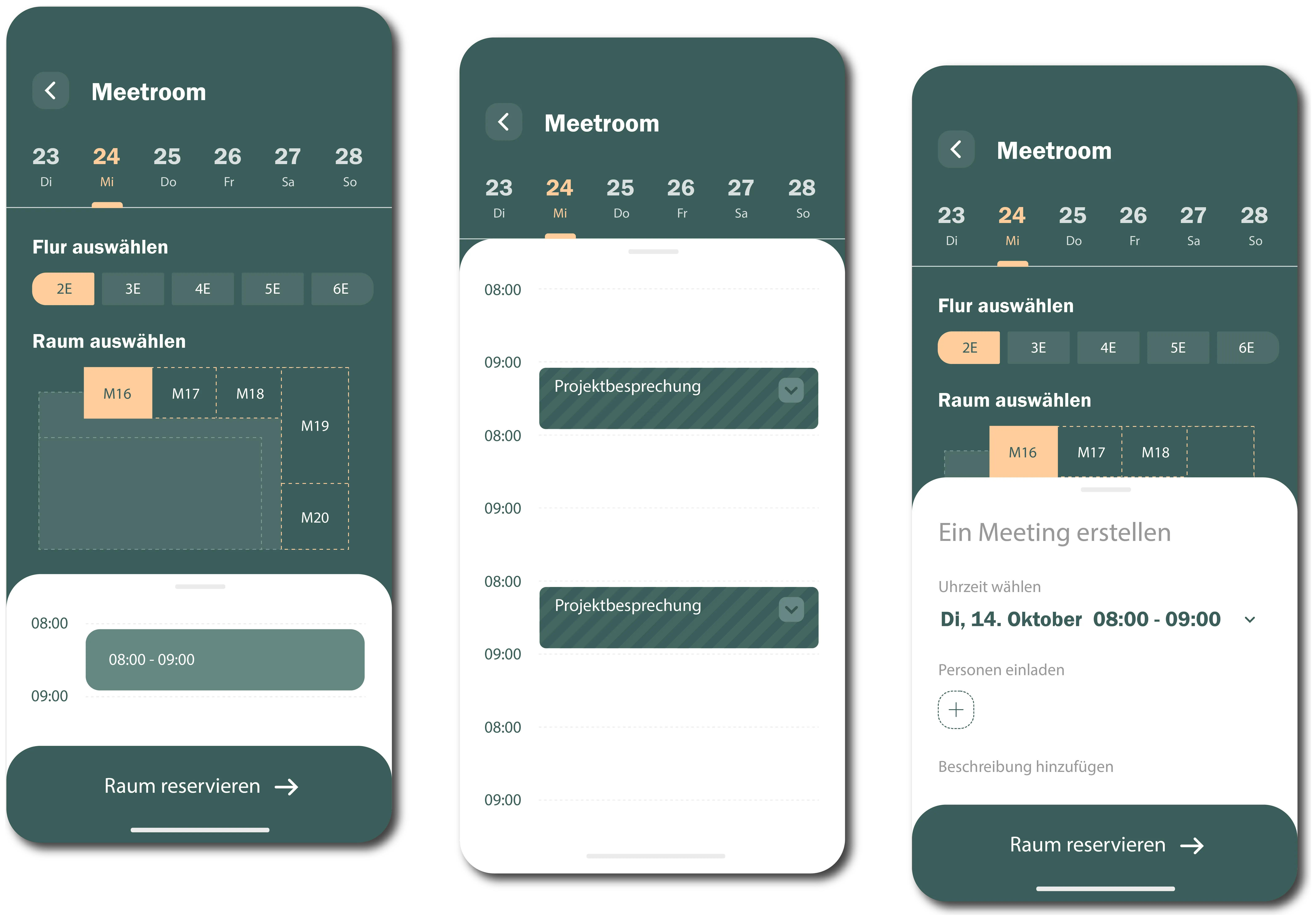 UniMeet Designstudie: Kalender, Raumauswahl und Reservierung einer Besprechung