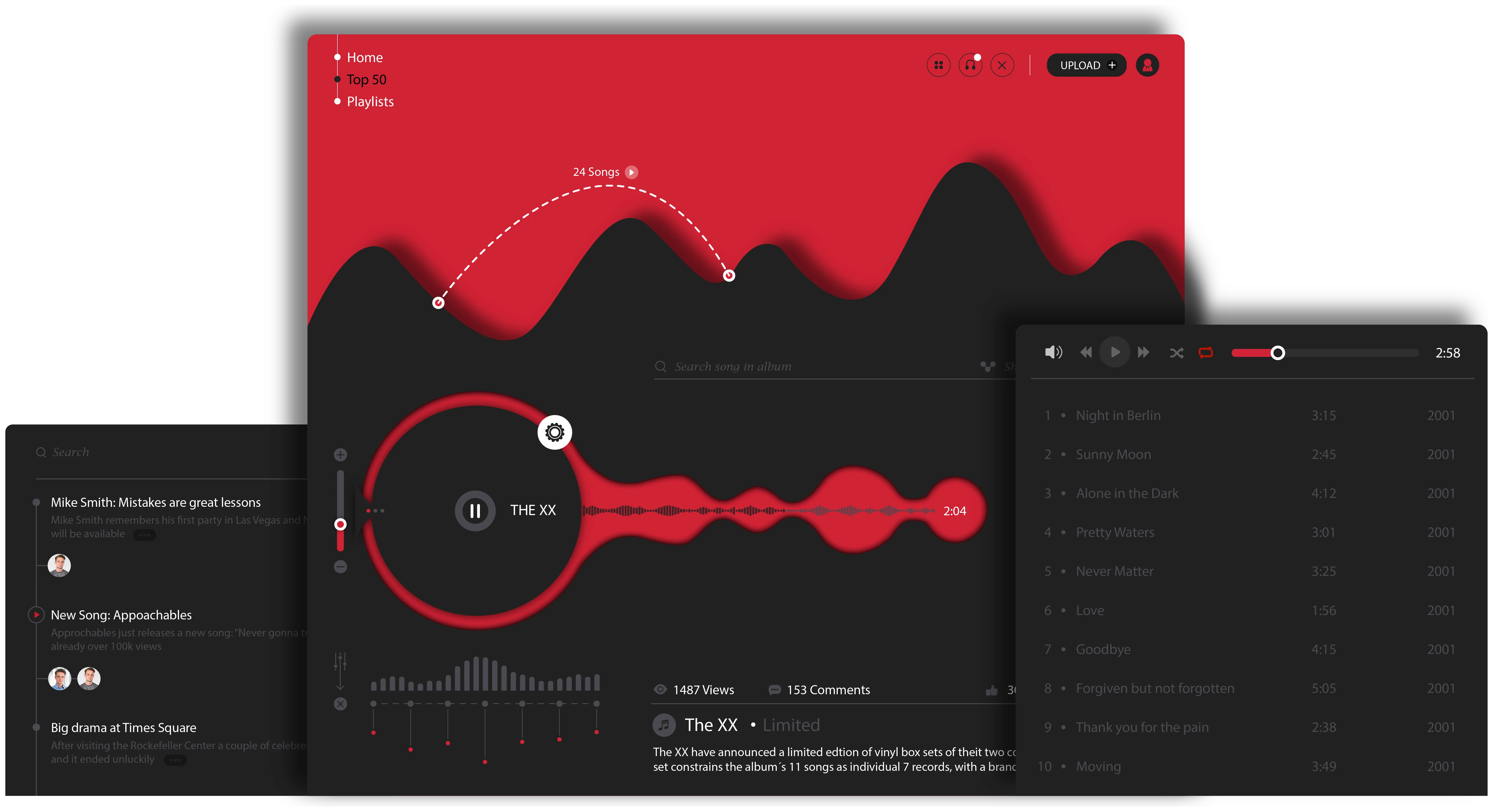 Desktop-Oberfläche eines Musik-Players mit Wellenform in Rot auf dunklem Hintergrund