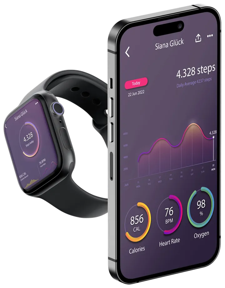 Smartwatch und Smartphone mit einem Fitness-Dashboard: Schritte, Kalorien, Herzfrequenz